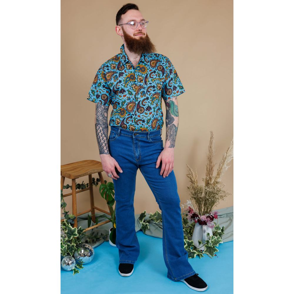 Run & Fly - Unisex High Waisted Stonewashed Bellbottom Flared Hose - Blau